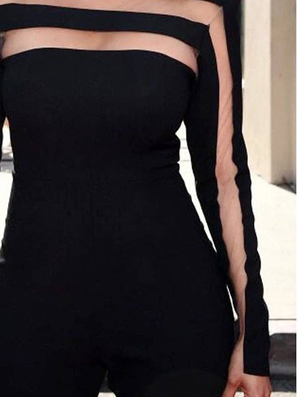 Long Sleeves Skinny Mesh Solid Color Split-Joint High Neck T-Shirts Tops: BLACK / XL