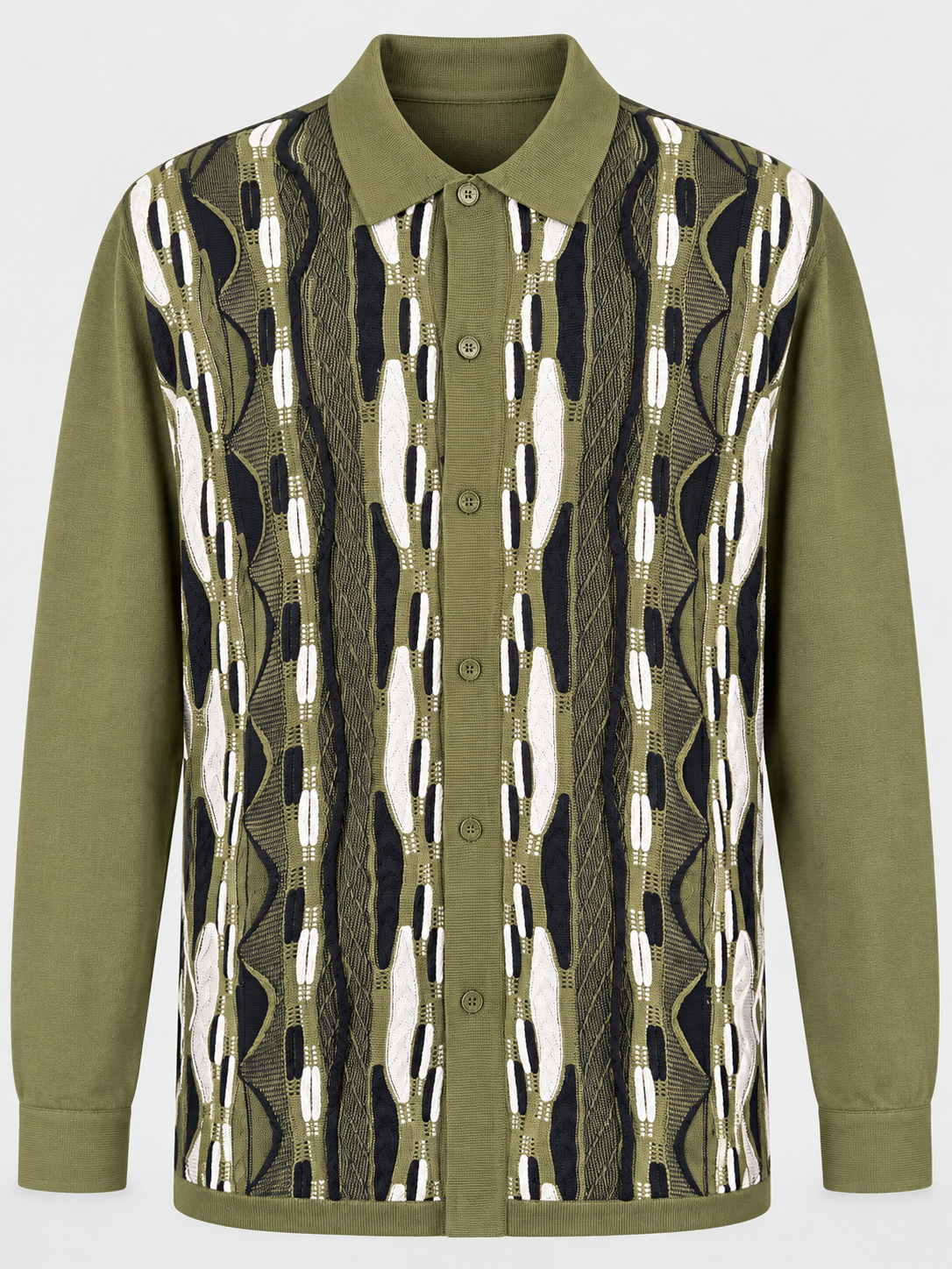 Olive green men's long-sleeve button-up with abstract olive, black, and ivory patterned front