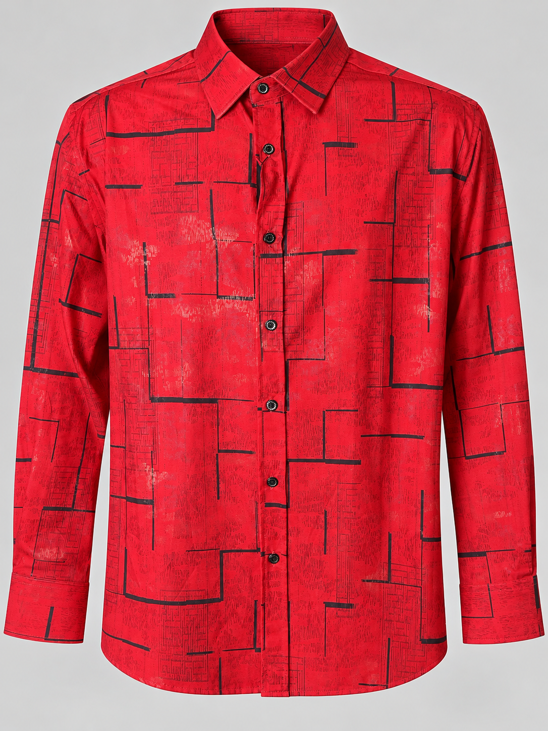 Red men's button-up with black geometric line print