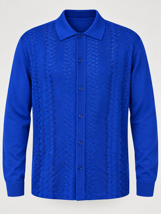 SilverSilk royal blue men's long sleeve button-up with textured knit front and smooth fabric back