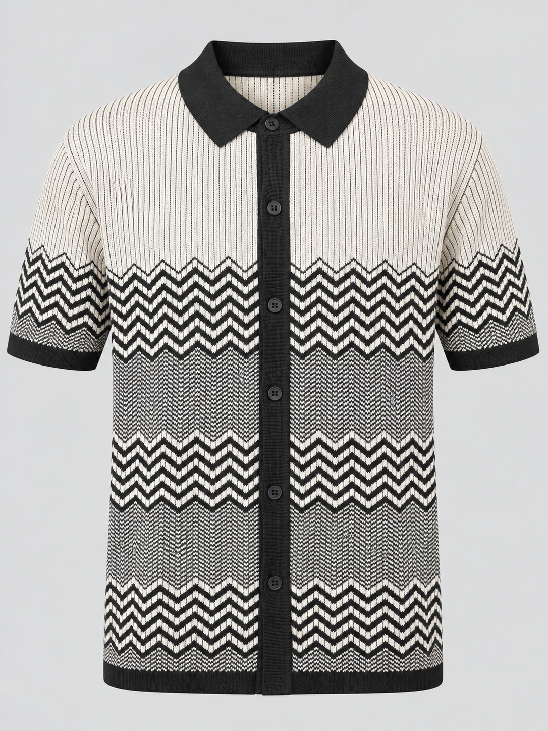 Stacy Adams black and ivory chevron knit button-up shirt