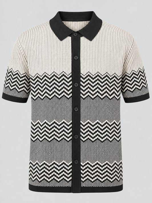 Stacy Adams black and ivory chevron knit button-up shirt