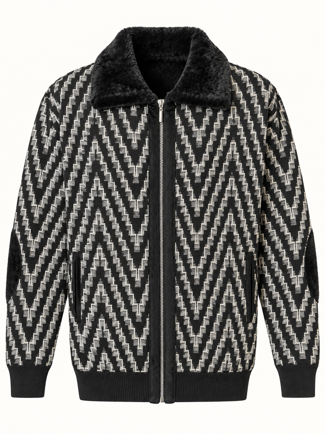 Stacy Adams black and ivory geometric zip-front sweater with faux-fur collar and elbow patches
