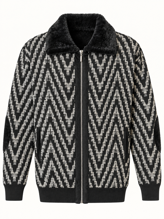 Stacy Adams black and ivory geometric zip-front sweater with faux-fur collar and elbow patches
