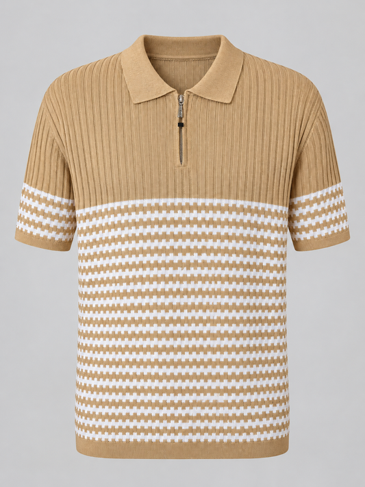 Camel and ivory Stacy Adams geometric knit polo shirt