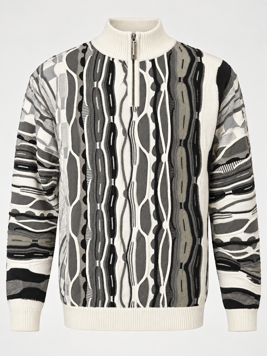 Stacy Adams cream gray and black geometric quarter-zip knit sweater