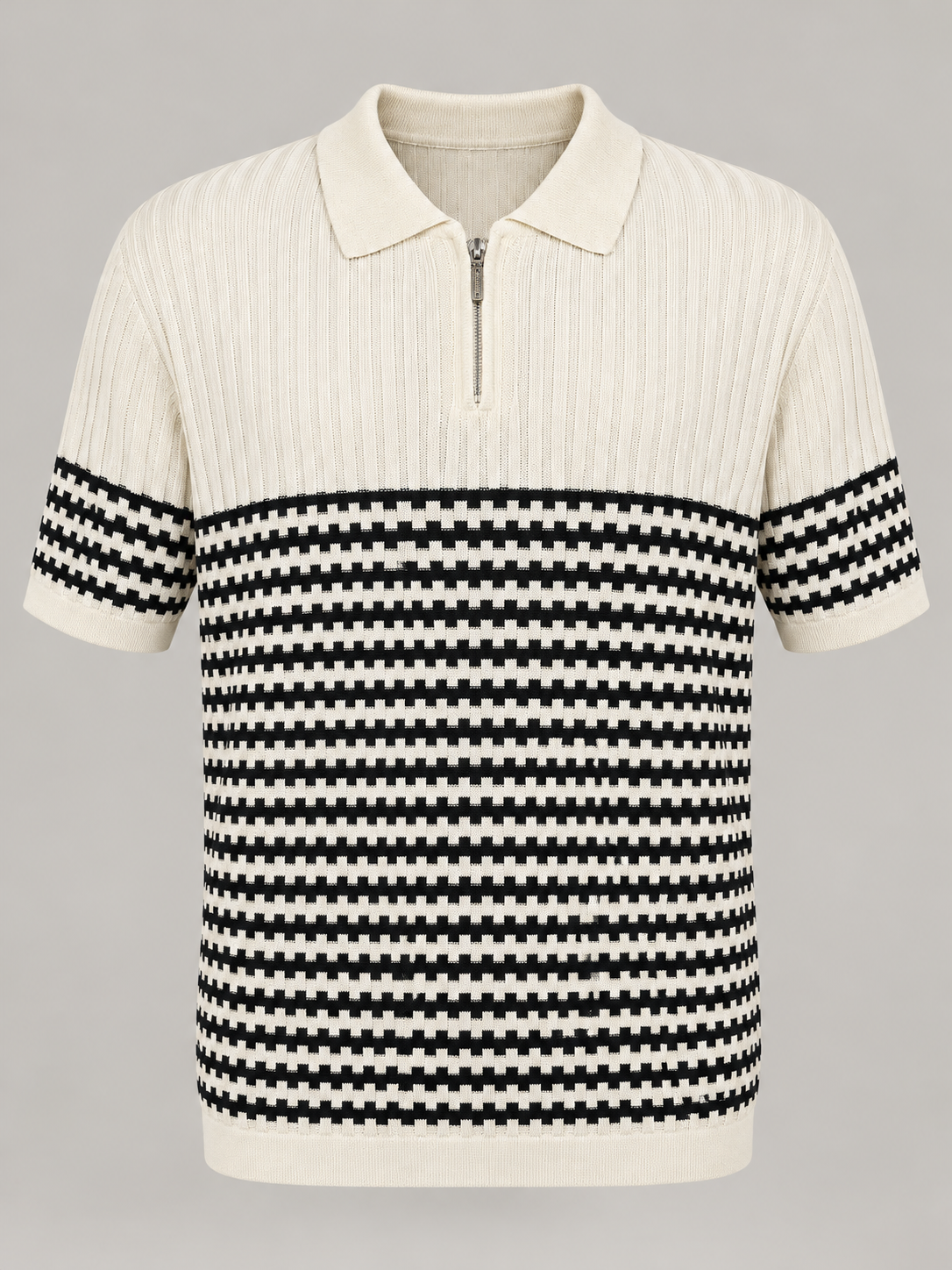 Stacy Adams black and ivory geometric knit zip polo shirt