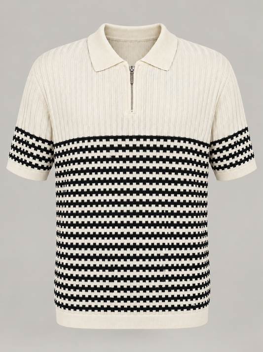 Stacy Adams black and ivory geometric knit zip polo shirt