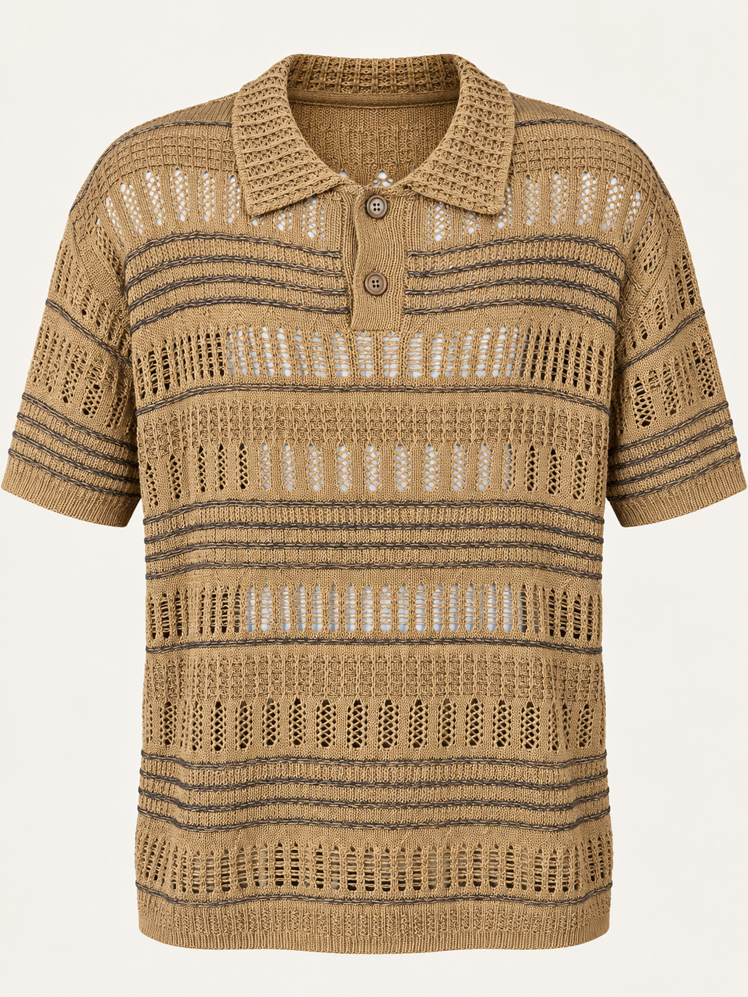 Stacy Adams khaki tan open-knit short-sleeve polo with dark brown stripes