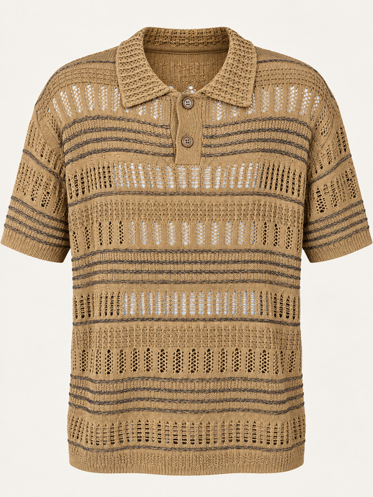 Stacy Adams khaki tan open-knit short-sleeve polo with dark brown stripes
