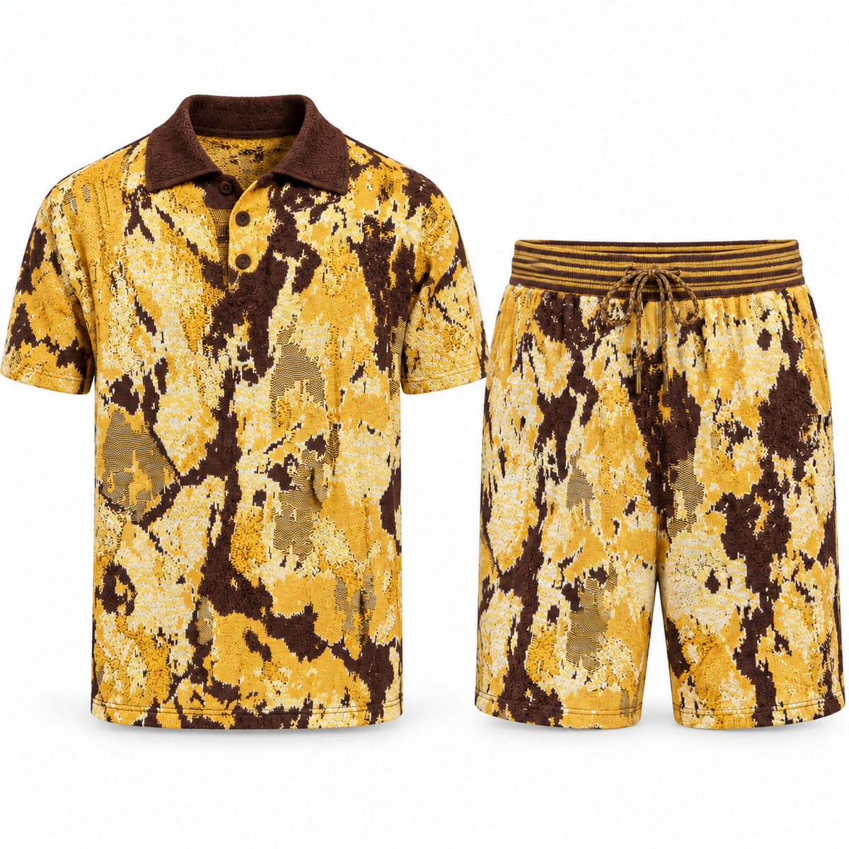 Stacy Adams mustard brown textured knit short-sleeve shirt and matching shorts set