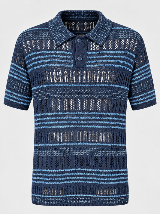 Stacy Adams navy open-knit short-sleeve polo with light blue stripe accents