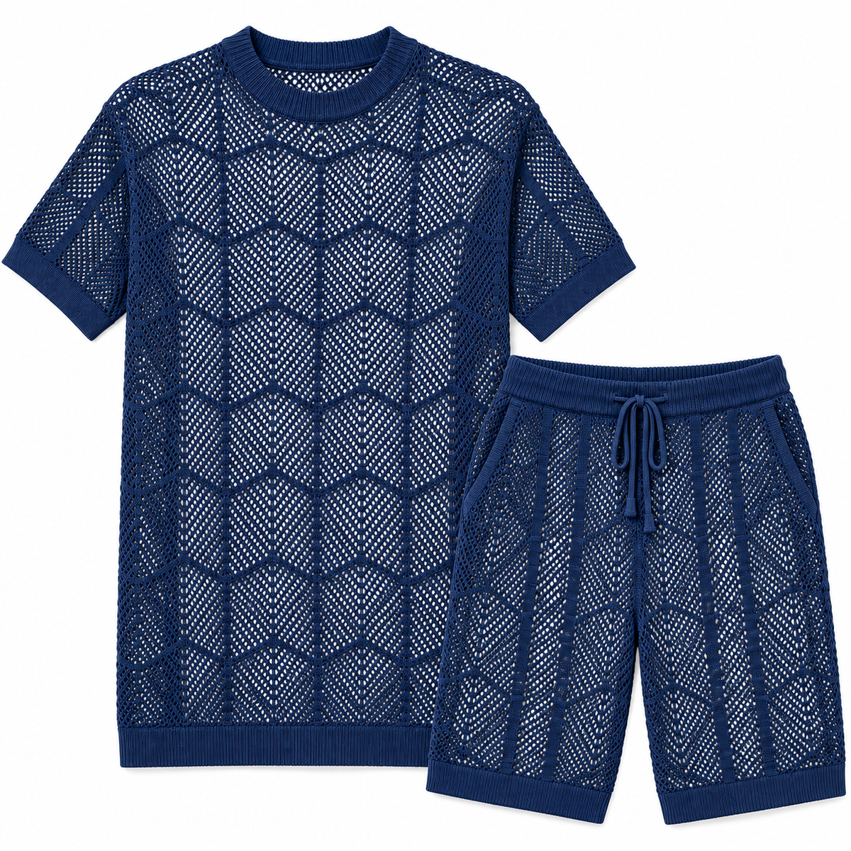 Sheer openwork navy Stacy Adams men's tunic-length knit top and long matching shorts, size XL