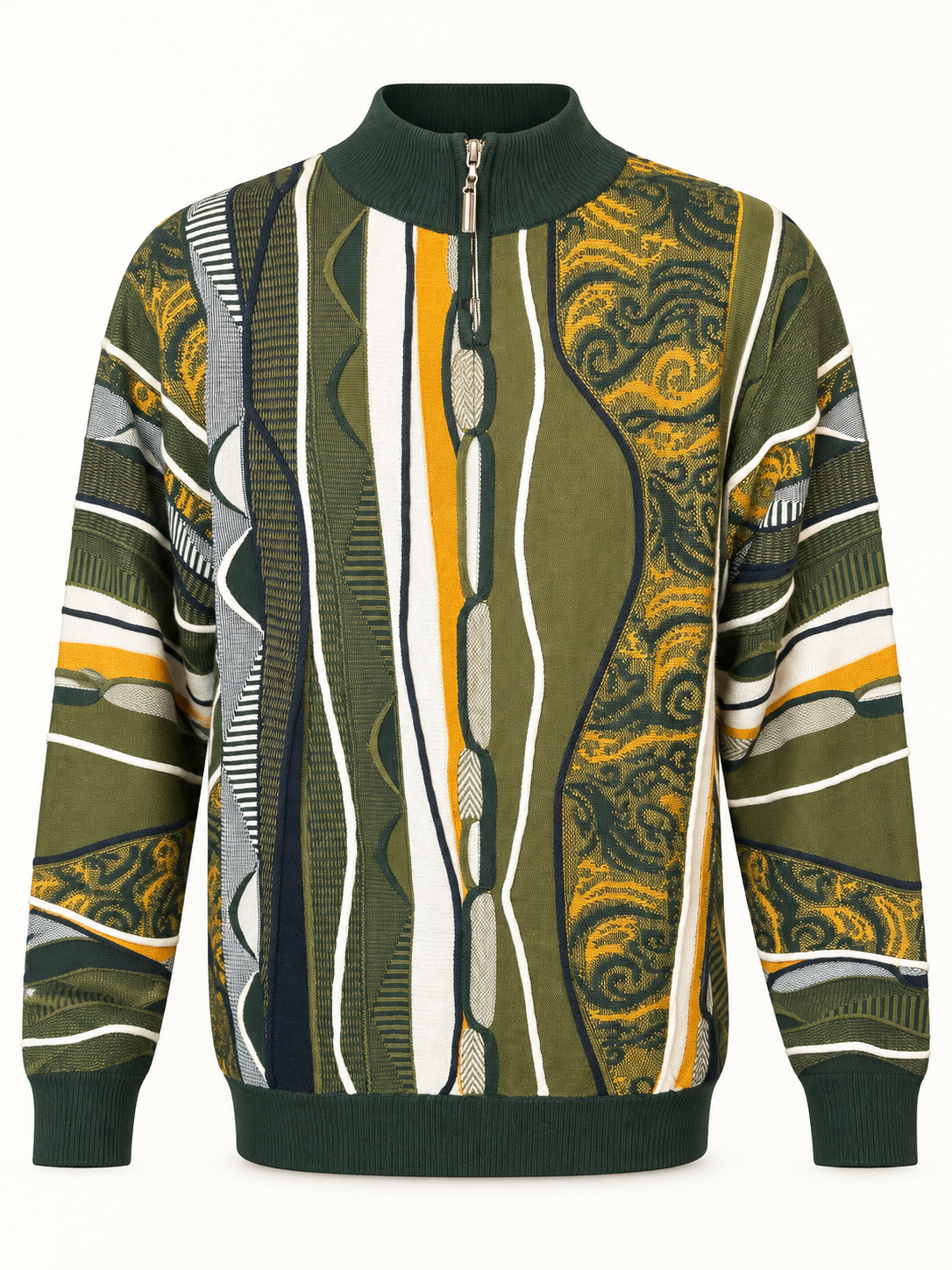 Stacy Adams olive, gold, cream and navy geometric quarter-zip knit sweater