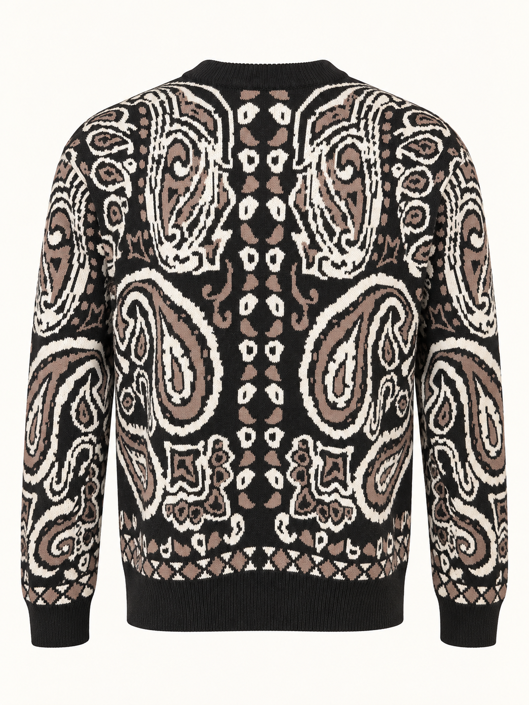 Stacy Adams black paisley sweater, studio back view