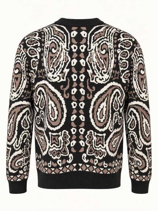 Stacy Adams black paisley sweater, studio back view