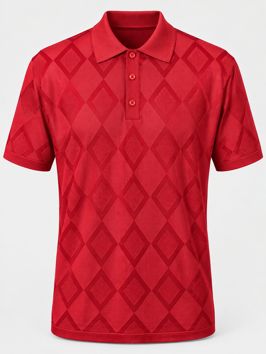 Stacy Adams red short-sleeve stretch knit top with tonal diamond texture