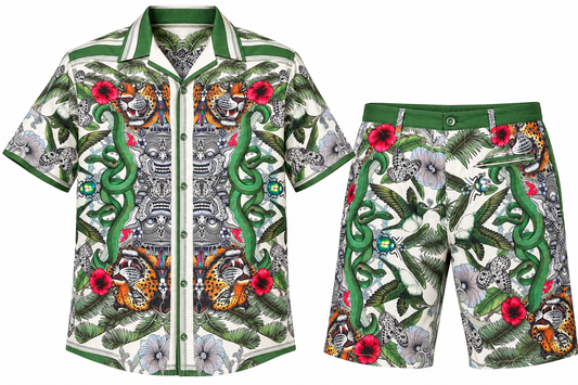 Stacy Adams white-green safari print two-piece shirt and shorts set