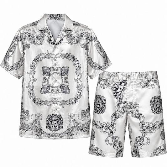 Stacy Adams white and black printed short-sleeve shirt and matching longer knee-length shorts, size XL