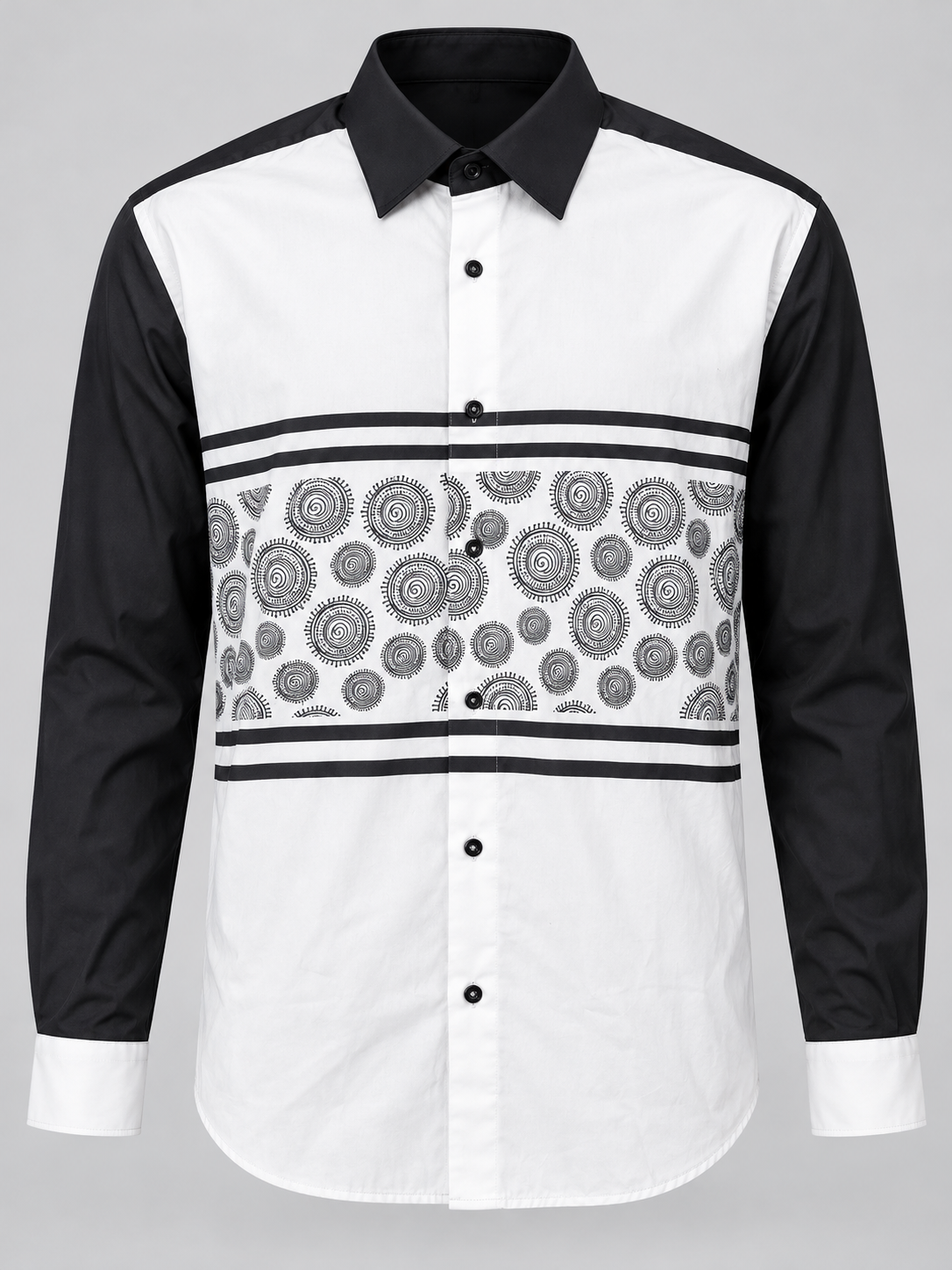 White men's shirt with black sleeves and black spiral medallion panel