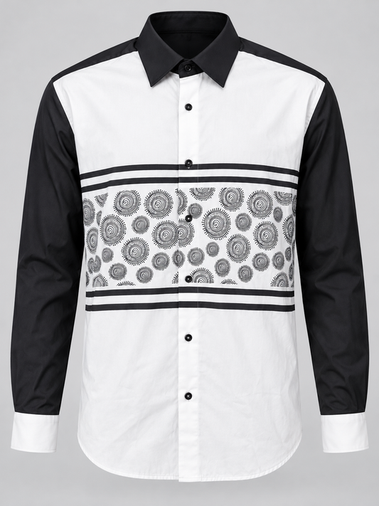 White men's shirt with black sleeves and black spiral medallion panel